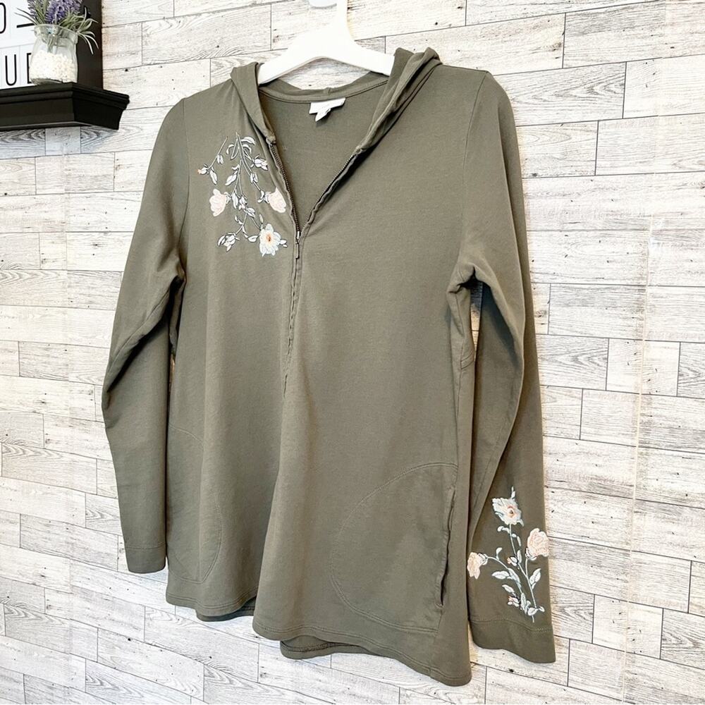 J.JILL Olive Floral Embroidered Zip Hoodie S | Cottagecore Lounge Layer - Picture 4 of 9